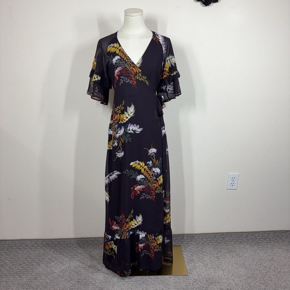 Madewell Dress Womens XS Brown Floral Wrap Maxi Chiffon Flutter Sleeve Boho